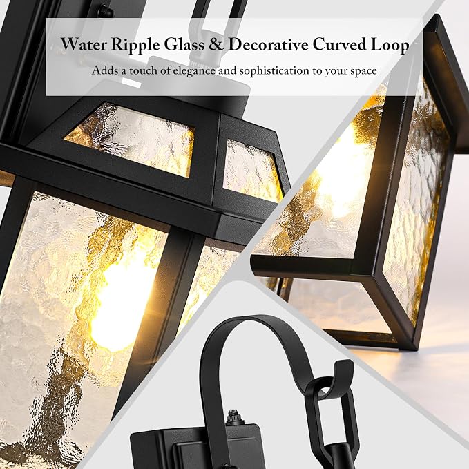 BesLowe Dusk to Dawn Outdoor Wall Lights, Exterior Lighting Fixtures Wall Mount, Porch Lights Outdoor Wall Sconces with Water Ripple Glass, Outside Lights for House Front Door Garage, 2-Pack