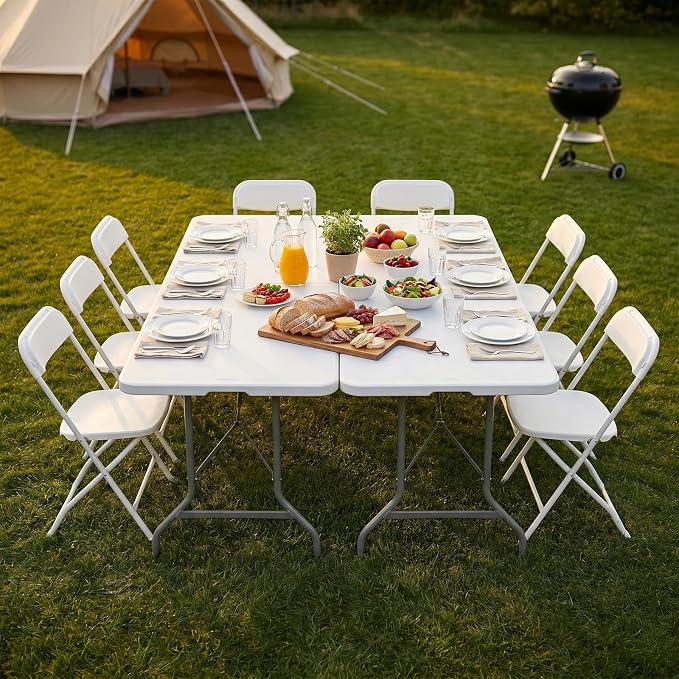 NEWBULIG 6 FT Foldable Table Easy to Fold and Store, Folding Picnic Table for Picnic Camping Kitchen Dining Party Outdoor Indoor with Carrying Handle, White