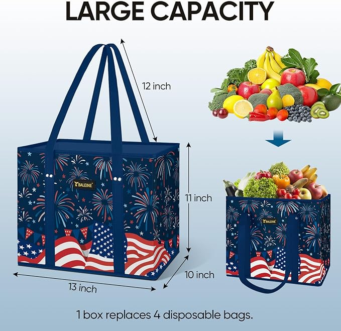BALEINE 1Pk Reusable Grocery Bags, Foldable Shopping Bags for Groceries with Reinforced Bottom & Handles (Freedom Celebration)