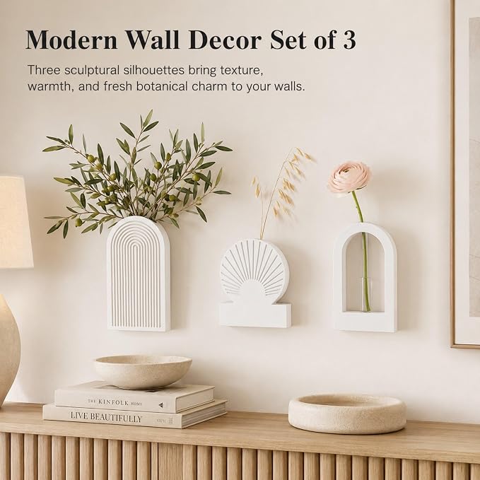 TBWIND White Wooden Wall Vases for Flowers Set of 3, Propagation Planter with 2 Glass Tubes, Modern Farmhouse Hanging Wood Decor for Living Room, Entryway