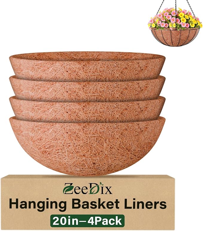ZeeDix 4 Pack 20 Inch Coco Liners for Hanging Baskets, Round Coconut Liners for Planters Natural Coco Coir Fiber Replacement Liner for Flowers Vegetables Patio Garden Porch Decor