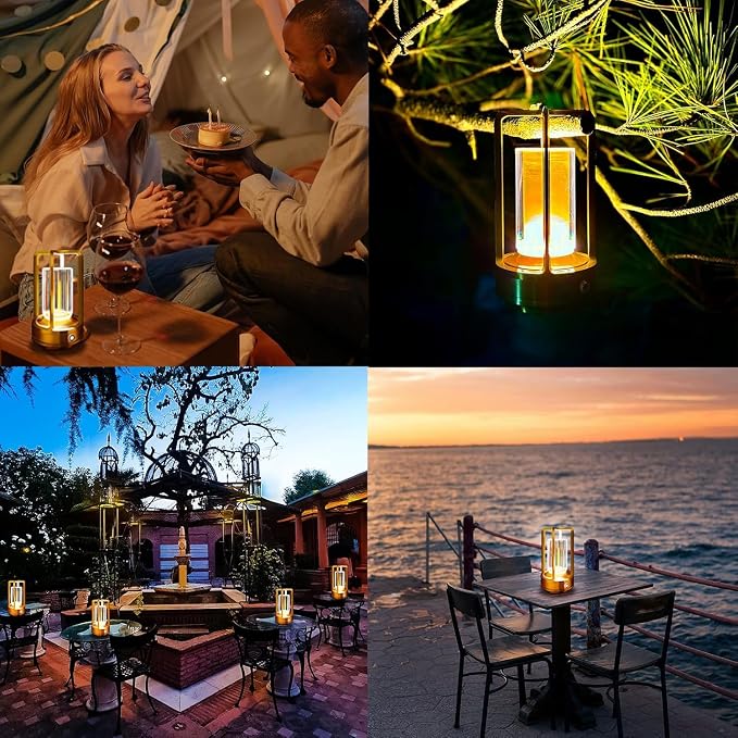 Set of 2 Cordless Table Lamps, LED Rechargeable Table Lamp with 3 Color Stepless Dimmable, Outdoor Table lamp for Patio/ Camping, Indoord Desk Lamp for Bar/ Coffee/ Home (Gold 2 Pcs)