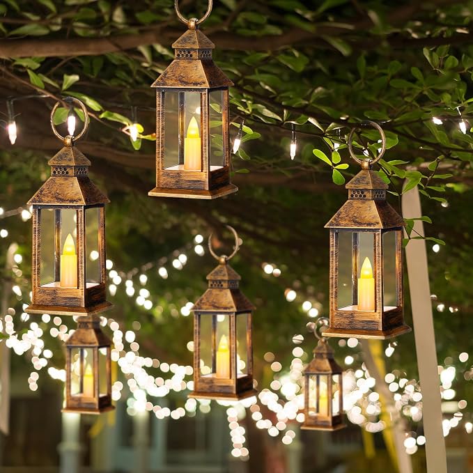 Hoolerry 24 Set 5.5'' Mini Lanterns with LED Candle for Wedding Centerpiece Vintage Decorative Hanging Small Lantern Battery Powered for Halloween Wedding Table Centerpiece(Retro)