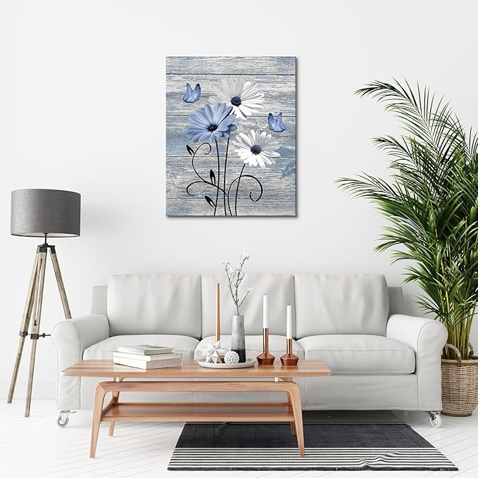 MYUSRE Blue and White Flower Wall Art for Bathroom, Farmhouse Daisy with Butterfly on Retro Wooden Canvas Wall Art Country Wildflower Pictures for Bedroom Home Wall Decor, 20L X 16W inches