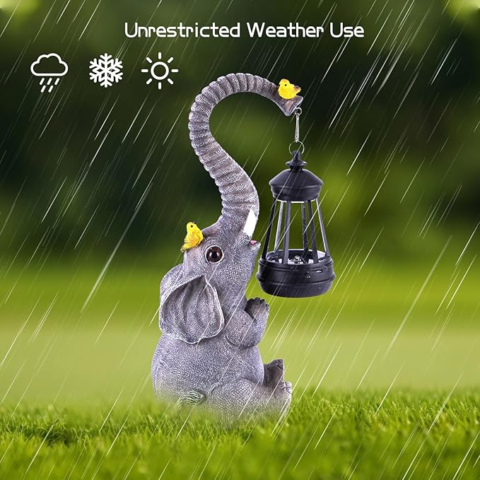 Solar Outdoor Garden Decor Elephant Statues Lights, Lucky Elephant Unique Mom Birthday Gifts for Mom, Housewarming Gifts and Yard Decoration, Cute Birds Garden Sculpture Decor