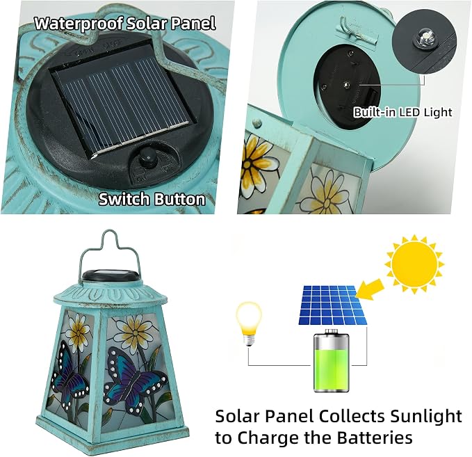 Butterfly Solar Lantern with Shepherd Hook, Outdoor Hanging Metal LED Garden Light Waterproof for Patio Yard Pathway, Butterfly Lantern Decor and Christmas Holiday Gift for Mom Grandma Women | Butterfly metal solar lantern with shepherd hook, S-hook, I...