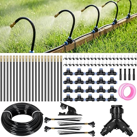 100Ft 360° Adjustable Drip Irrigation System Kit, 1/4 Inch PE Tubing with 20 Bendable Nozzles, Automatic Garden Watering System for Greenhouse, Lawn, Raised Bed, Flower Bed
