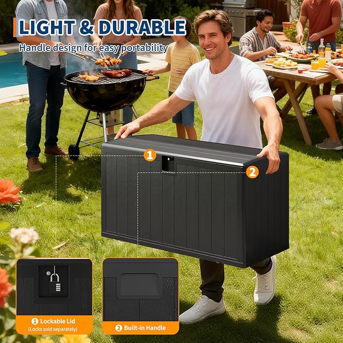 130 Gallon Resin Deck Box, Waterproof & Lockable Patio Storage Box with Hydraulic Lid for Outdoor Garden Tools, Pool Accessories & Cushions