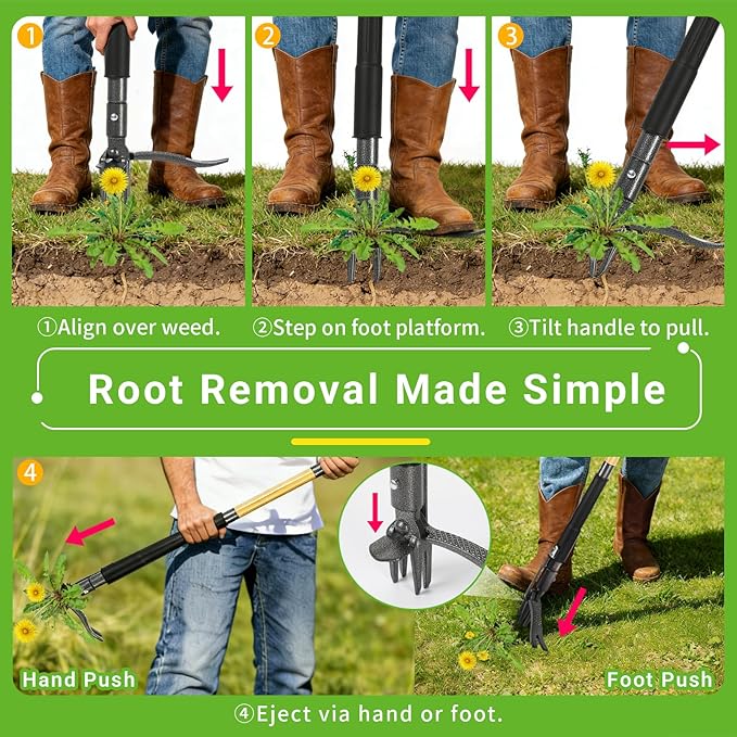 Weed Puller Tool, Heavy Duty Gardening Hand Tools with 4-Claw Steel Head & Dual-Eject Mechanism, 57.5" Bamboo Long Handle Stand Up Weeding Tool for Lawn Yard, Includes 16 Gallon Leaf Bag | 4-Claw Steel Head,Dual-Eject Mechanism,57.5" long handle