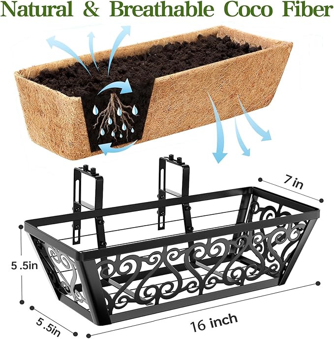 4 Pack 16 Inch Deck Railing Planter Box - Window Boxes Planters with Adjustable Brackets Coco Liners Balcony Planters Railing Hanging for Window Flower Boxes Outdoor Garden Decor