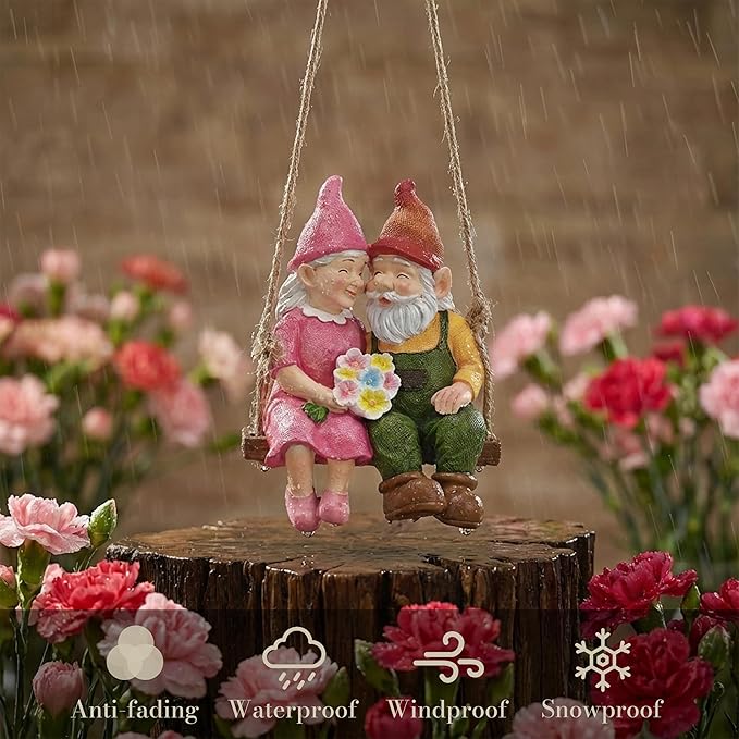 TERESA'S COLLECTIONS Garden Decor, Garden Gnomes Decor, Mr and Mrs Gnome Couple Sitting on a Swing, Waterproof Resin Garden Decor Outdoor, Tree Ornaments, Indoor/Outdoor, 6"