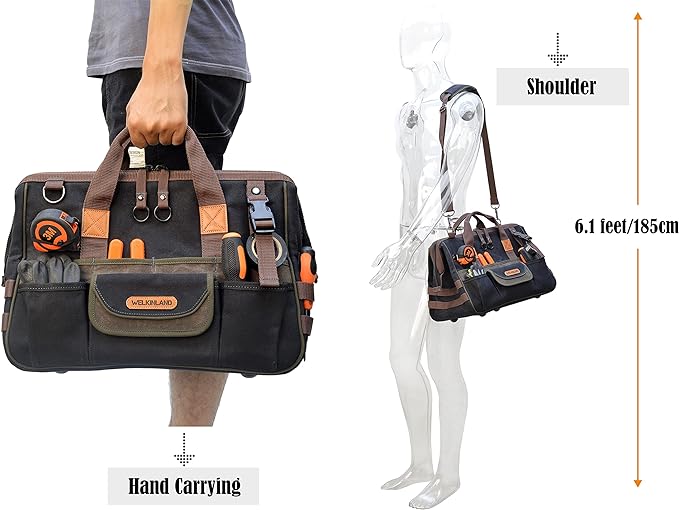 WELKINLAND 32-Pockets Waxed Canvas tool bag, Heavy-Duty Electrician tools bag, HVAC tool bags, Tool bag organizer, 16" Tools bag carrier for men, Tool bags for electricians