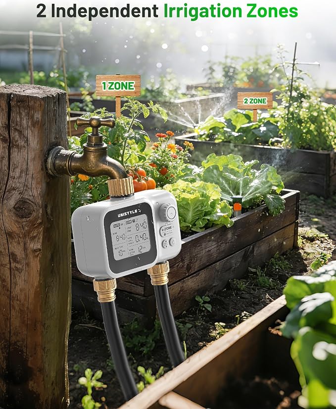 [All-New 2027] 2 Zone Sprinkler Timer with Brass Inlet, Low-Pressure Water Sources, Unistyle Ball Valve Water Timer for Garden Hose, Rain Delay, Manual Control, Automatic Irrigation for Hose Timers