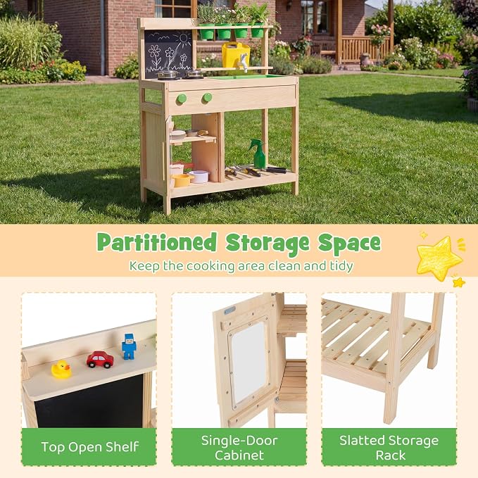 Costzon Mud Kitchen, Wooden Toddler Pretend Cooking Playset w/Runing Water, Blackboard, Water Tank, Faucet, Removable Sink, 4 Planting Pots & Stoves, Outdoor Kids Play Kitchen for Boy, Girl 3+ Years