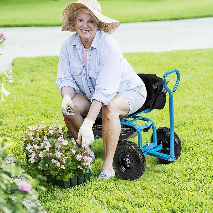 Byroce Rolling Garden Cart with Seat, Heavy Duty Wheelbarrow Utility Cart with Metal Frame, Swivel Seat, Tool Tray, Storage Basket & Adjustable Handle, Outdoor Garden Wagon Scooter for Yard (Blue)
