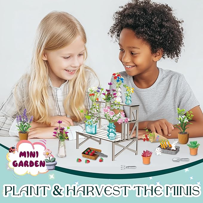 70 Pcs Make It Miniature Brands Nature Garden Plants Set with Wood Display Stand, Mini Botanical Collectibles, Paper Flower Bouquet DIY Craft Kit, Mini Greenhouse Toy Gift for Kids and Adults (Blue)