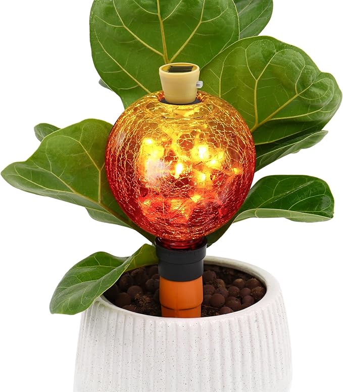 SAVENNA Crackle Glass Plant Watering Globe with Terracotta Spike,Self-Watering Irrigation for Potted Plants, with Solar Accent Light for Indoor & Outdoor Décor, 17oz, Gold–Red Gradient