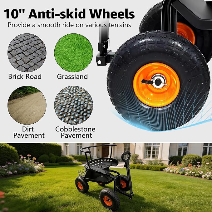 Garden Seat with Wheels, 400lbs Rolling Garden Stool, with Height Adjustable & 360° Swivel Seat, Tool Tray & Storage Basket, Outdoor Gardening Scooter, Garden Cart Workseat for Yard, Patio