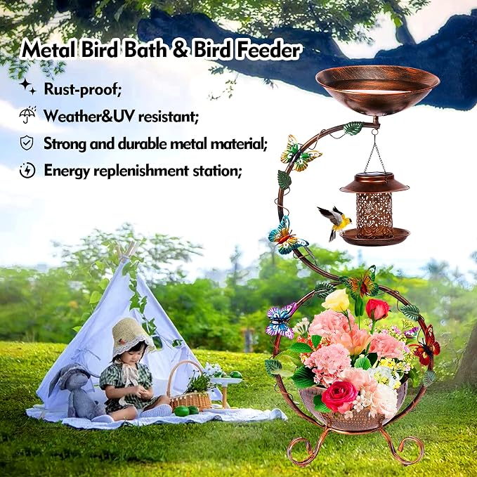 YADOOLIFE 37.8" Bird Bath and Solar Bird Feeders Combo with Flower Planter Pedestal, Metal Bird Baths for Outdoors, Decorative Birdbath with Butterfly for Outside Garden Yard, Weather Resistant
