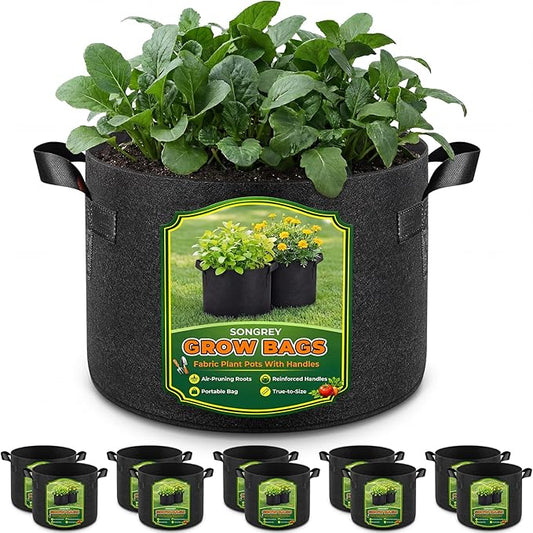 Songrey 10-Pack 10 Gallon Grow Bags, Thickened Nonwoven Fabric Pots with Handles, Heavy Duty Garden Planter for Tomato, Vegetables and Flower