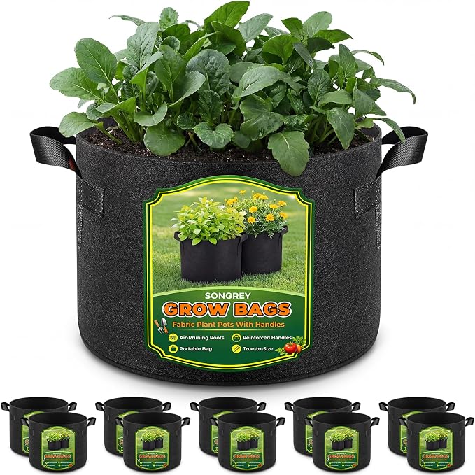 Songrey 10-Pack 15 Gallon Grow Bags, Thickened Nonwoven Fabric Pots with Handles, Heavy Duty Garden Planter for Tomato, Vegetables and Flower
