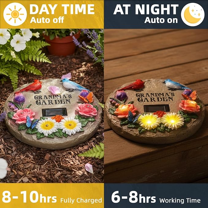 Stepping Stones Outdoor for Grandma's Garden with Solar Lights and Cardinal Robin Birds Flowers, Garden Stepping Stones Grandma Gifts for Mothers Day for Walkway, Yard, Patio Decor