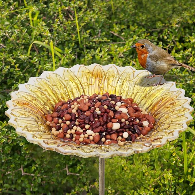 MUMTOP Glass Bird Bath, Garden Outdoor Birdbaths Birdfeeder with Metal Stake, Golden