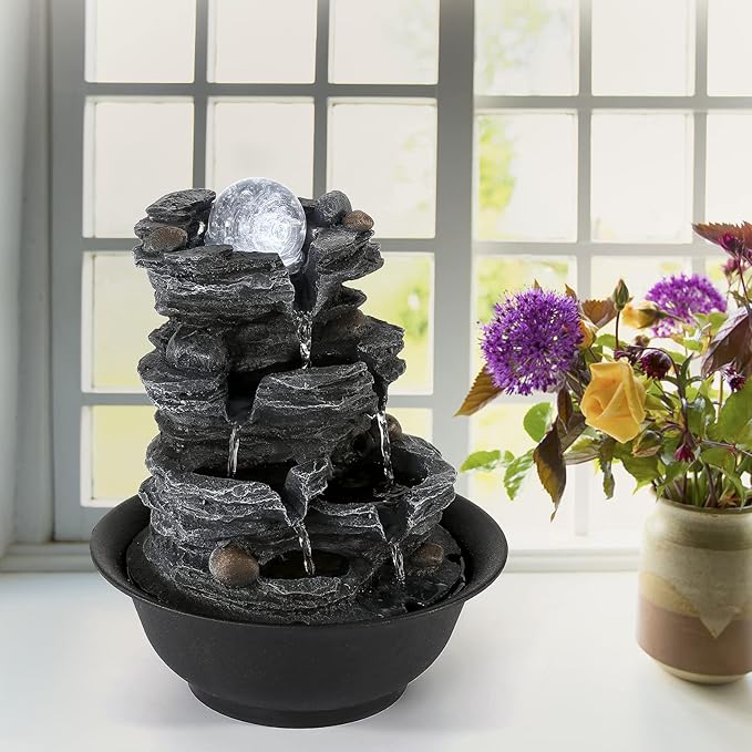 Dyna-Living Tabletop Water Fountain Indoor Waterfalls Fountains with White LED Light Decorative Feng Shui Tabletop Fountain with Quiet Pump and Spinning Ball, Desktop Waterfall Fountain for Home Decor