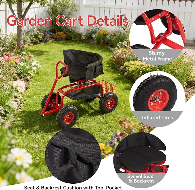 Rolling Garden Cart - Outdoor Workseat with Seat Cushions and Wheels, Heavy Duty Garden Tool Cart with Storage Bracket and Tool Tray for Yard, Planting Gardening Work (Red)