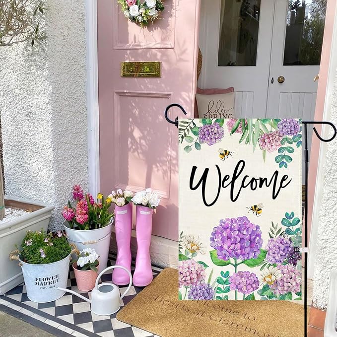 Baccessor Summer Hydrangea Garden Flag Double Sided 12x18 Inch, Purple Flower Floral Welcome Small Yard Flag Burlap Seasonal Farmhouse Yard Outdoor Decoration