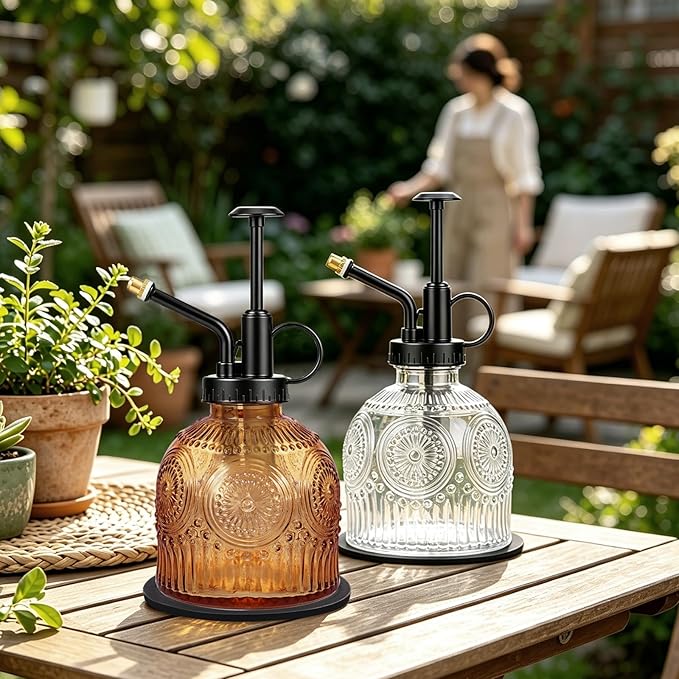 Amolliar Glass Plant Mister Spray Bottle, Vintage Refillable Leak Proof Watering Can for Indoor Plants, Houseplants, Gardening, Cleaning, Hair & Pet Care with Mist Nozzle (Brown-Black Pump)