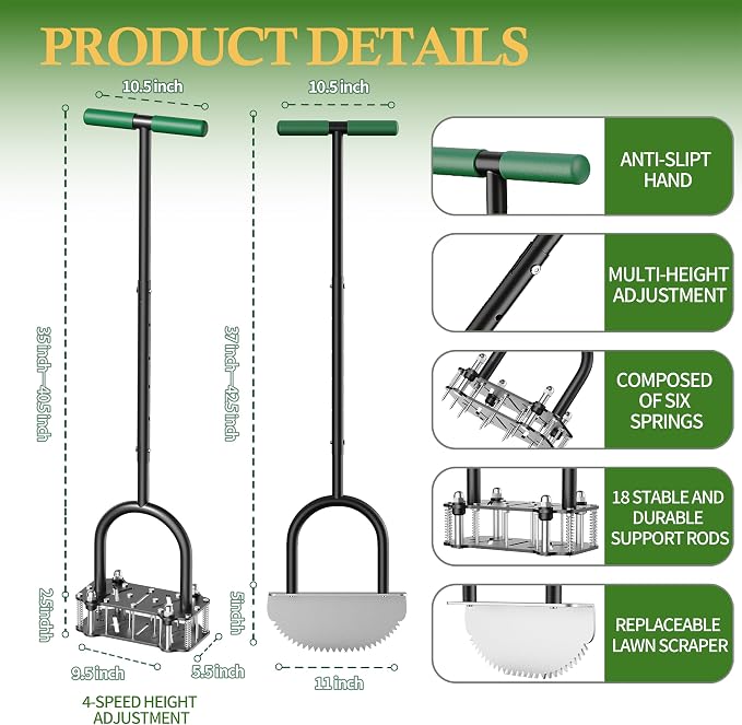 2026 Upgrade Manual Lawn Aerator Tool with a Replaceable Lawn Cutter, Spring‑Loaded Automatic Dirt and Loose Soil, Height Adjustable Metal Yard Aerator Lawn Aeration（Two Kit