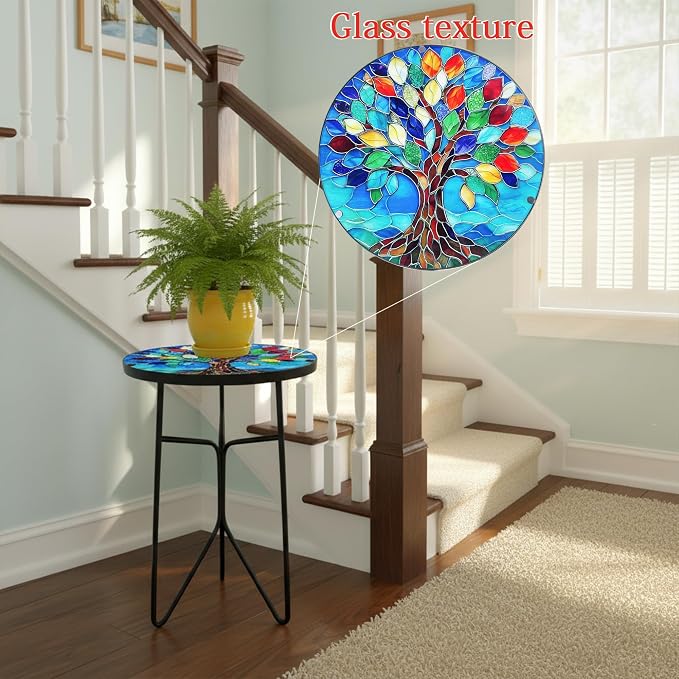 12 Inch Mosaic Colorful Tree of Life Patio Side Table, Small Round End Tables, Glass Plant Tables Indoor, Garden or Living Room Decor Afternoon Tea Dinner Table, Simple Assembly Cast Iron Plant Stand