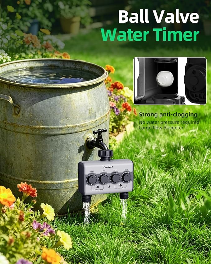 Dual Outlet Ball Valve Water Timer, Brass Inlet Sprinkler Timer No Water Pressure Required 2 Independent Zones with Rain Sensor Port & Delay Function for Garden Lawn Flower Bed
