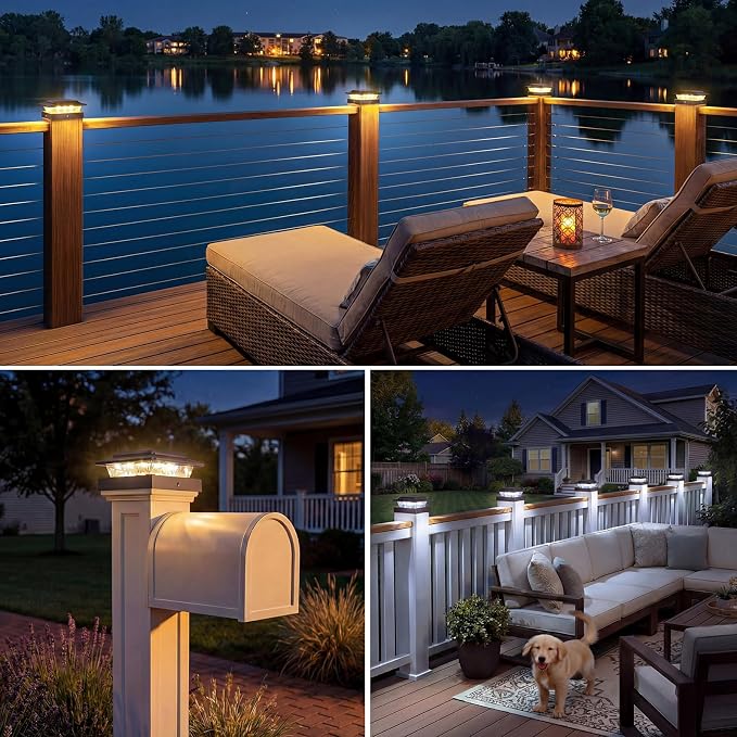 kolpop 4x4 Solar Post Cap Lights Outdoor 4Pack- 3 Color Temperatures&2 Level Brightness, IP65 Waterproof, 16 LED Fence Deck Post Light Solar Powered Only for 4×4/3.5×3.5 Wood/Vinyl Posts(Brown)