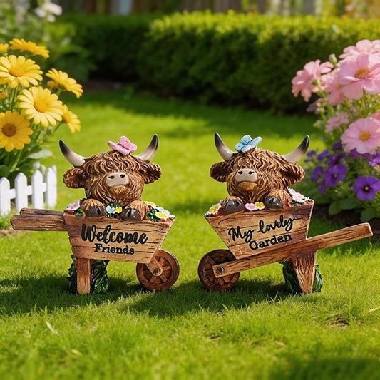 TERESA'S COLLECTIONS Garden Decor, Set of 2 Cute Highland Cows Sitting in Cart Garden Decor, Waterproof Resin Garden Statue, Highland Cows Gift, Garden Gift for Women Mom, Indoor/Outdoor