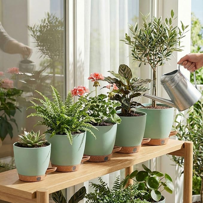 5-Pack Self Watering Pots for Indoor Plants, 10/9/8/7/6.5Inch PP Plastic Monstera Pot & Pothos Planter with Water Level Indicator, Spider Plant Pots Indoor, Self Watering Planters for Plants, Green
