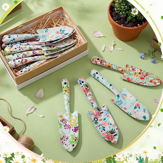 24 Pcs Floral Garden Shovels Bulk Gardening Gift for Women Heavy Duty Metal Garden Tools Floral Hand Shovel Planting for Summer Employees Birthday Thank You Gifts (Green Watercolor Flowers)