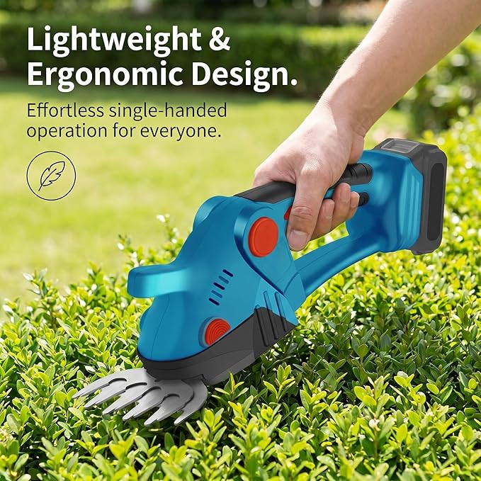 Cordless Grass Shears,2-in-1 Mini Hedge Trimmer,21V Handheld Grass Trimmer,Grass Trimmer with 2Pcs 1500mAh Batteries and Charger ＆Toolbox Electric Grass Shears for Garden, Lawn (Blue)