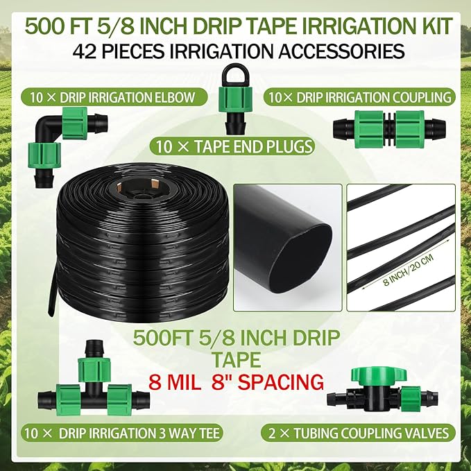 500 ft 5/8 Inch Drip Tape Irrigation Kit Drip Tape 8 Mil 8" Spacing Hose Garden Watering Tubing System Automatic Irrigation Equipment for Plant, Landscape, Yard, Lawn and Farm