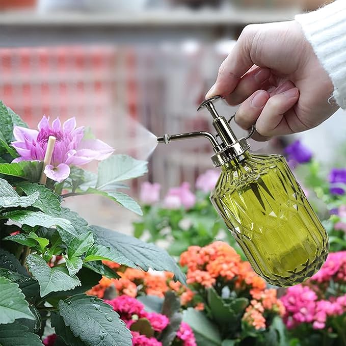 Glass Plant Mister Spray Bottle, 400ML Vintage Plant Spritzer with Top Pump Watering Can for Indoor Outdoor House Plants, Flowers (Green)