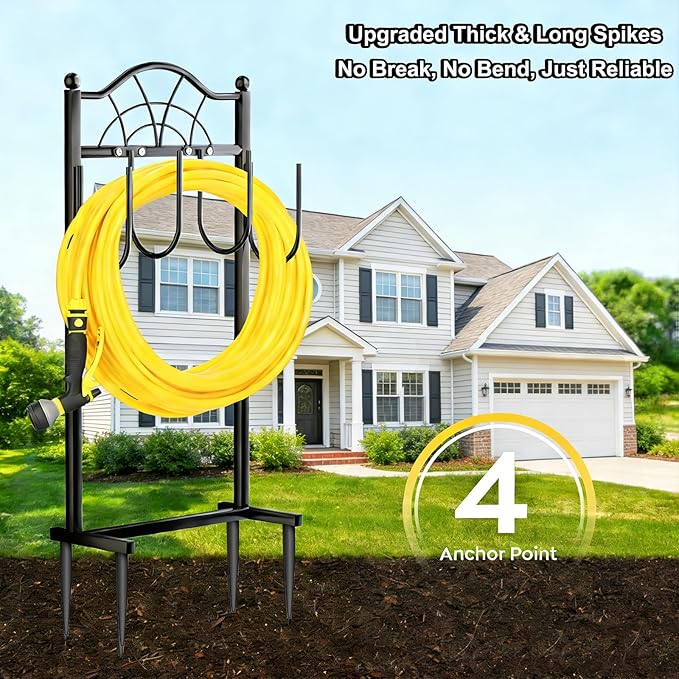 2 Pack Garden Hose Holder,Upgraded Freestanding Hose Holder with 4 Spikes, Heavy Duty Metal Hose Reel,Sturdy Hose Stand Holds up to 100ft Hose for Outside,Yard & Lawn Garden,Black