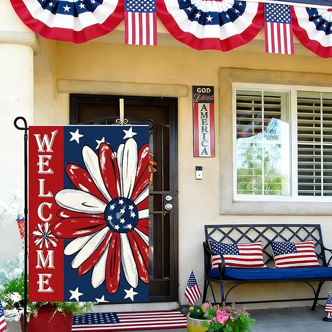 4th of July Garden Flag 12x18 Inch Double Sided, Patriotic Memorial Day Floral Flag for Yard Outdoor Decoration