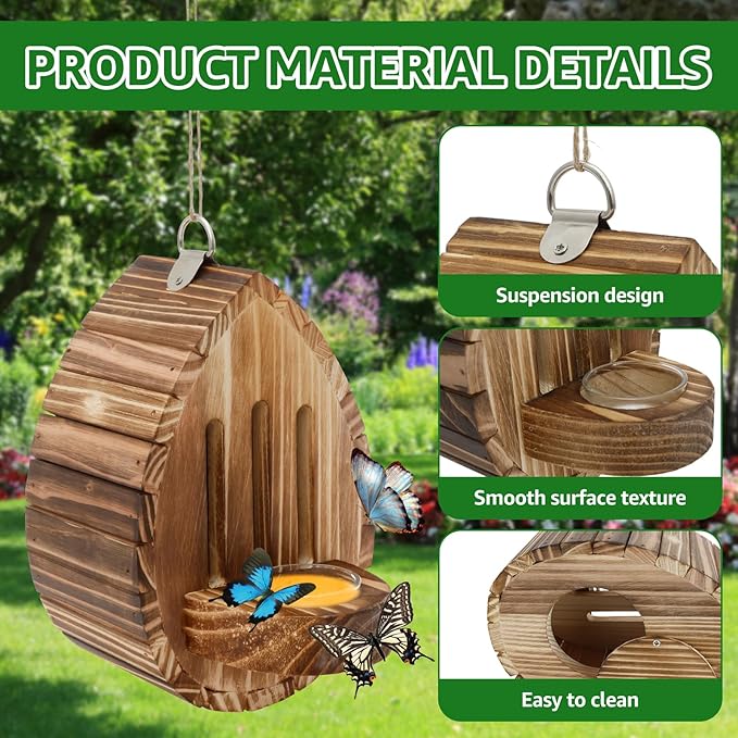 Wooden Butterfly House and Feeder, Butterfly Habitat Nesting Box, Natural Hanging Garden Outside Decoration, Multifunctional Butterfly Houses for Bugs, Butterflies, Moths, Lacewings