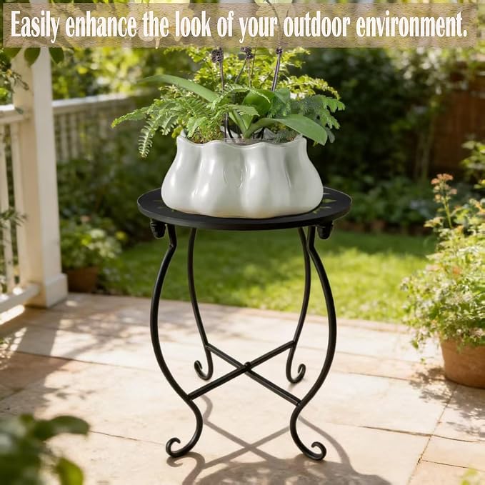 Small Outdoor Side Tables, 15" Tall 10" Round Patio Side Table, Metal Corner Plant Stand for Flower Pot, Rustproof Flower Plant Rack Holder for Home, Garden, Patio, Plant Lovers 1 Count