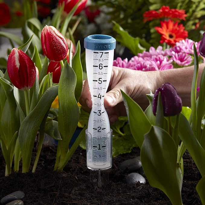 Taylor Capacity Break and Freeze Proof Flexible Silicone Rain Gauge, Measure and Monitor Precipitation, Easy to Read for Backyard, Patio, Garden, and Lawn, Post Mount or Ground Stake, 7-inch, Teal