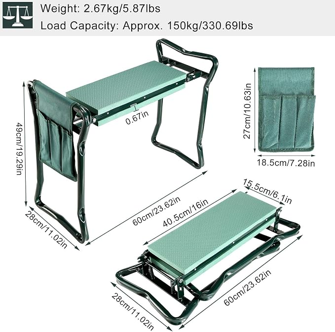 TeqHome Garden Kneeler and Seat Foldable Lightweight Garden Bench with Tool Pouch and Soft Kneeling Pad Portable Garden Stool