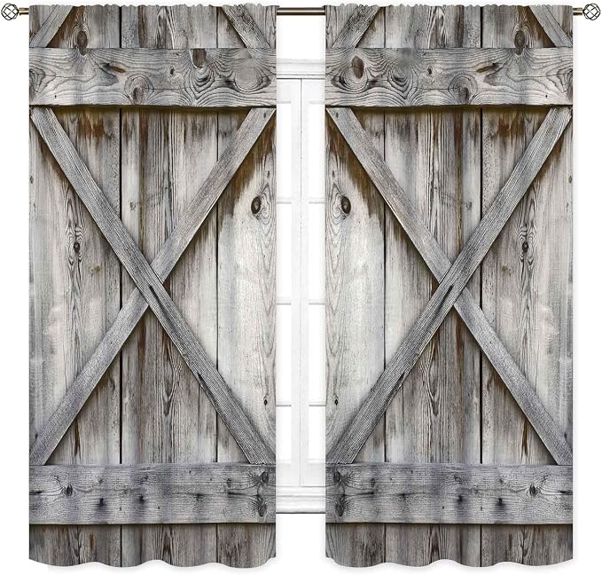 Rustic Wooden Curtains, Farmhouse Gray Barn Door Country Cottage Western Barnwood Garage Printed Blackout Window Drapery Treatments for Kitchen Living Room Bedroom Cafe, 52"x84" Inch