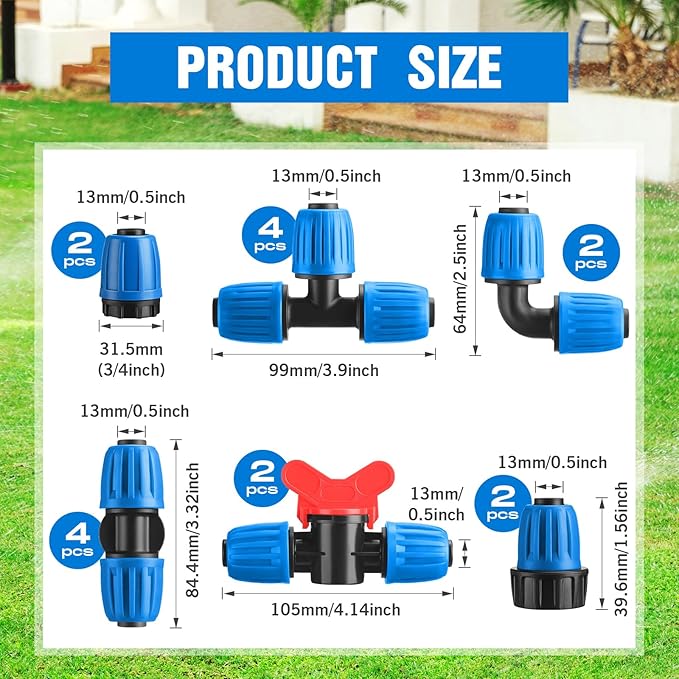 Pushglossy 32 Pcs 1/2" Tubing Irrigation Fittings Kit 1/2" ID x 0.6-0.63" OD 16 mm Drip Irrigation Barbed Connectors 4 Switch Valves, 8 Tees, 8 Couplings, 4 Elbows, 4 Ends, 4 Adapters (Blue)