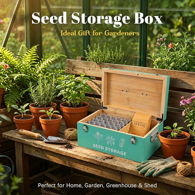 60 Slots Seed Storage Organizer, Bamboo Seed Saving Box with Lid and Safety Locks, Seeds Storage Container with 60 Seeds Envelopes and 64 Label, Perfect for Flower Plants Garden